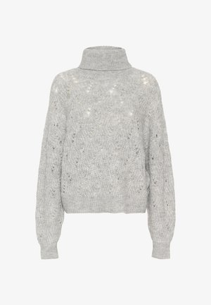 Svetlo sivi pleteni pulover z visokim ovratnikom, ki vsebuje odprto pletenje, dolge rokave ter rebraste manšete in spodnji rob.