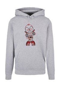 Felpa grigia con cappuccio caratterizzata da un personaggio dei cartoni animati con un cuore e le braccia alzate, dettagliato in rosso e nero. Include una tasca a marsupio frontale.