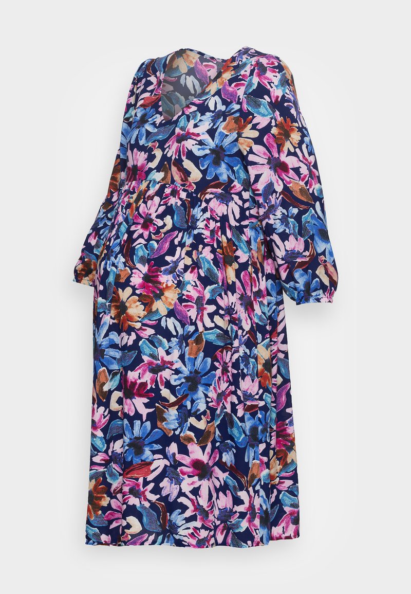 Φλοράλ φόρεμα σε αποχρώσεις του μπλε, ροζ και καφέ, με ντεκολτέ σε σχήμα V, μακριά μανίκια και ροή σχεδίασης με συγκεντρωμένες λεπτομέρειες.