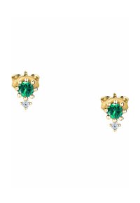 Boucles d'oreilles en or ornées d'un grand gemme vert avec une taille ronde, accentuées par une petite pierre claire, mettant en valeur un design délicat avec des réglages en griffes.