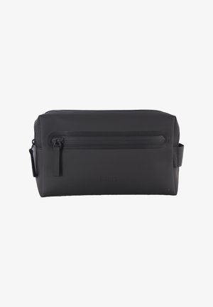 Borsa da toilette rettangolare nera con tasca frontale con zip, manico laterale e finitura opaca liscia.