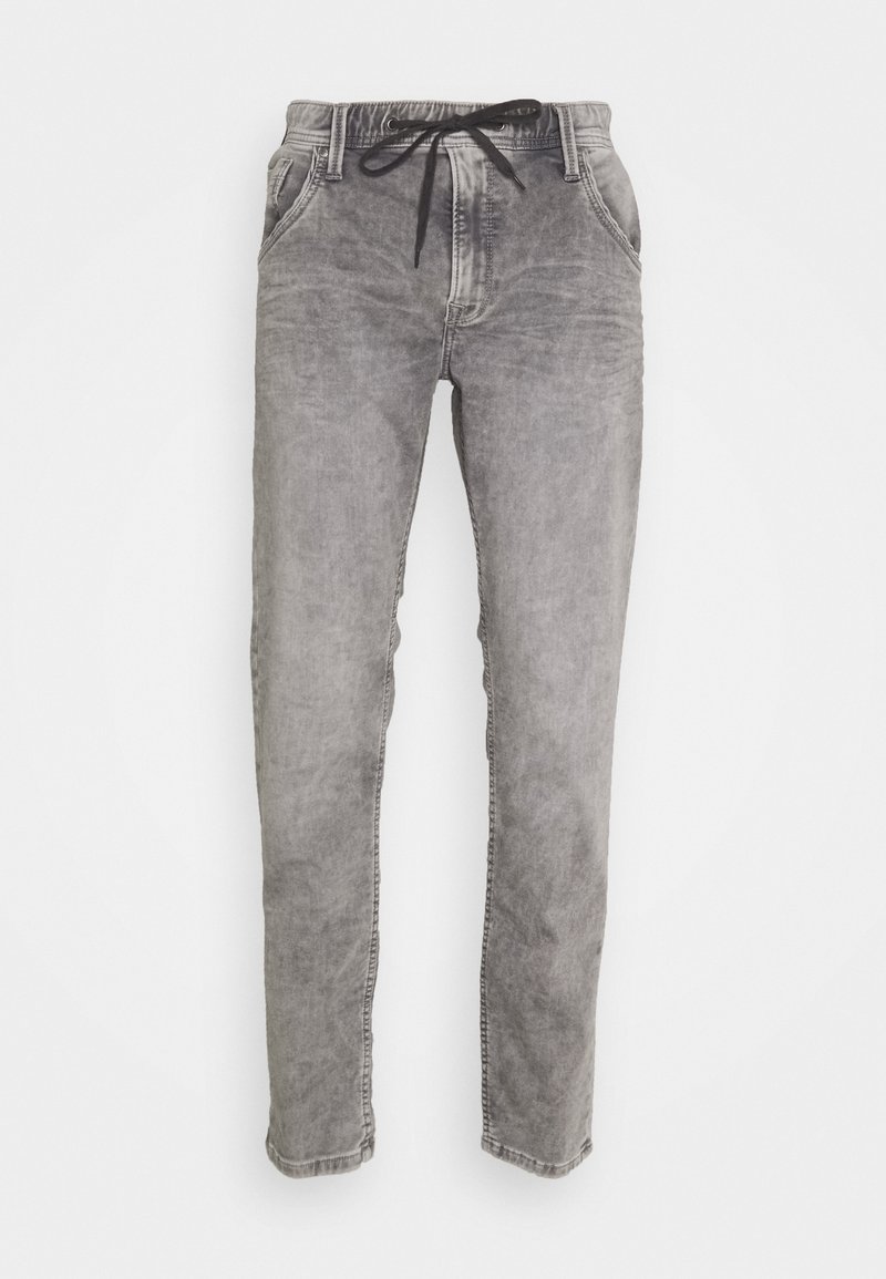 Pantalones jogger de mezclilla gris con cintura ajustable, corte tapered, dos bolsillos frontales y un ligero desvanecimiento para un aspecto desgastado.
