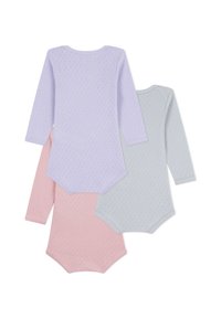 Tre langermede bodyer i lavendel, lyseblå og rosa, med et teksturert mønster og trykknappfeste nederst.
