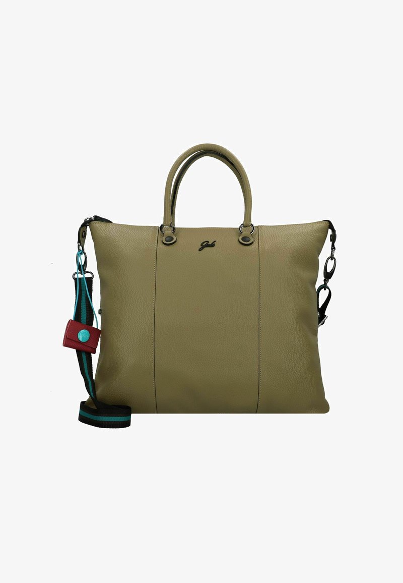 Olijfgroen leren tote bag met dubbele handvatten bovenaan, een verstelbare gestreepte schouderband en details in rood en blauw. Glad textuur, minimalistisch ontwerp.