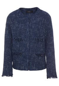 Laivastonsininen tweed-takki, jossa on teksturoitu kuvio, frangeja hihansuissa ja taskuissa, sekä pyöreä kaula-aukko. Kaksi etutaskua.