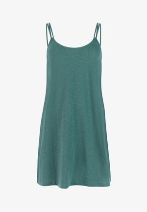 Ärmelloses türkisfarbenes Tanktop mit doppelten dünnen Schulterriemen und leicht ausgestelltem Saum, aus leichtem Stoff gefertigt.