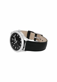 Schwarze Lederarmbanduhr mit Gehäuse aus silbernem Legierung, schwarzem Zifferblatt, silbernen Stundenmarkierungen und Datumsfunktion auf der Position 3 Uhr.