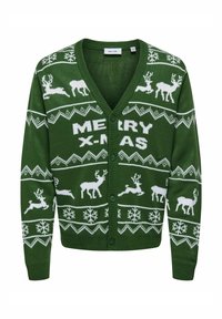 Grüner gestrickter Cardigan mit V-Ausschnitt, weißem "MERRY X-MAS"-Aufdruck, Rentieren, Schneeflocken und geometrischen Mustern. Eignet sich für festliche Anlässe.
