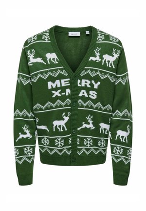 Cardigan verde a maglia con scollatura a V, testo bianco "MERRY X-MAS", renne, fiocchi di neve e motivi geometrici. Adatto per occasioni festive.