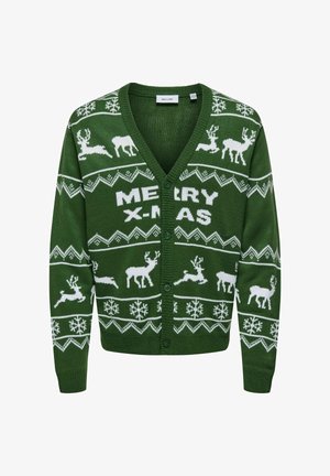 Cardigan tricoté vert avec un col en V, le texte blanc "JOYEUX NOËL", des rennes, des flocons de neige et des motifs géométriques. Convient aux occasions festives.