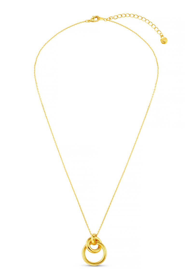 Κολιέ από επιχρυσωμένο μέταλλο με λεπτή αλυσίδα, που διαθέτει τρία συνδεδεμένα δαχτυλίδια ως σχέδιο μενταγιόν. Ρυθμιζόμενο μήκος με κούμπωμα κλεισίματος.