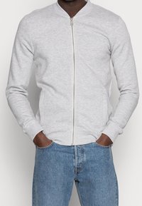 Sudadera de cremallera en gris claro con cuello redondo, puños acanalados y dos bolsillos laterales, hecha de una tela suave y texturizada.