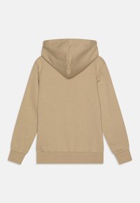 Beige huppari, jossa on pehmeä rakenne, pitkät hihat ja kengurulompakko. Varustettu ribbineuloksilla varustetuilla hihansuilla ja helmalla tiiviin istuvuuden takaamiseksi.