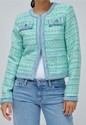 Femme portant une veste en tweed texturée vert clair et bleu avec une bordure tressée sur un haut blanc et un jean bleu.