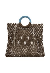 Bolso tejido marrón con diseño de red, con asa de color azul claro y interior crema. Cerrado con dos cordones para asegurar.