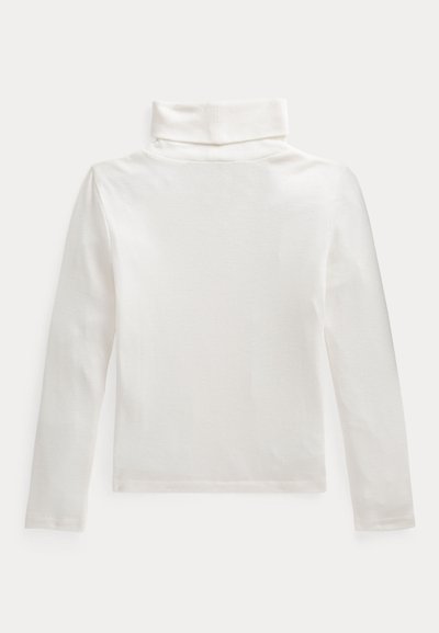 Camisola de gola alta branca de mangas longas com um design ajustado, material de algodão suave e textura lisa. Gola alta e enrolada, sem padrões.