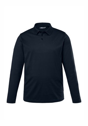 Polo a maniche lunghe di un blu navy scuro, realizzato in tessuto morbido, con colletto classico, patta con tre bottoni e un logo discreto sul petto.