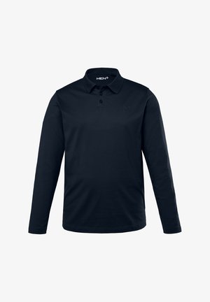 Polo a maniche lunghe di un blu navy scuro, realizzato in tessuto morbido, con colletto classico, patta con tre bottoni e un logo discreto sul petto.