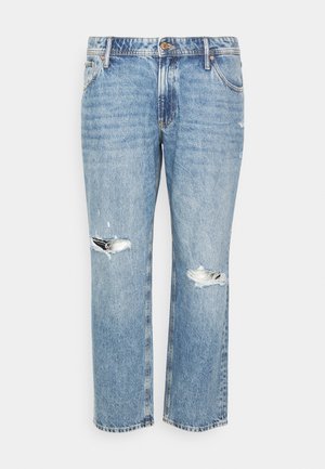 Lichtblauwe denim jeans met een rechte snit, uitgerust met versleten scheuren op de knieën en subtiele vervaging voor textuur. Klassiek vijf-pocket ontwerp.