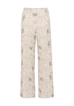 Pantaloni a gamba larga realizzati in tessuto beige chiaro, con ricami floreali neri e motivi a vite su tutta la superficie. Texture liscia e vestibilità casual.