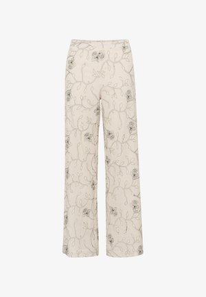 Beige, széles szárú nadrág fekete virág- és indahímzéssel, magas derékkal és laza szabással, fehér háttér előtt bemutatva.