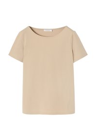Haut beige à manches courtes avec un col rond, fabriqué dans un tissu léger et doux, offrant une coupe décontractée. Sans motifs ni accents.