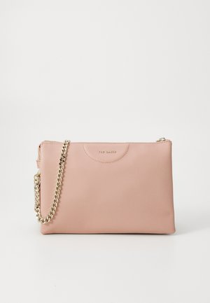 Light pink leather clutch with a gold chain strap and a smooth texture. Features a zip closure and embossed brand logo on the front.