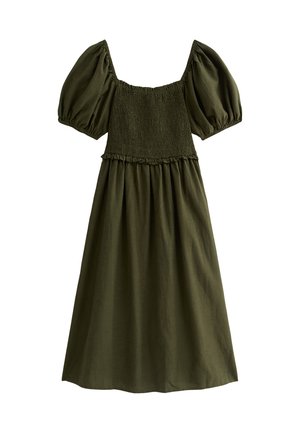 Olivgrön klänning med kvadratisk halsringning, puffärmar och smockad överdel. Har en flödande, rynkad kjol och mjuk textur.