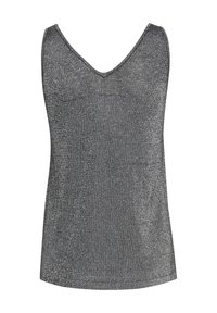 Bezrękawnik z metalicznej srebrnej tkaniny. De kolt w kształcie litery V, dopasowany fason, gładka tekstura z subtelnym połyskiem na całej powierzchni.