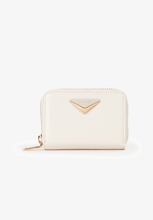 Portafoglio bianco in pelle con texture liscia, hardware tono oro, chiusura a zip e un accento triangolare con il nome del brand "MIRIADA."
