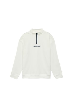 Pull-over blanc à manches longues avec une fermeture éclair quart de tour et le texte « WAVE JOURNEY » brodé en noir sur la poitrine.