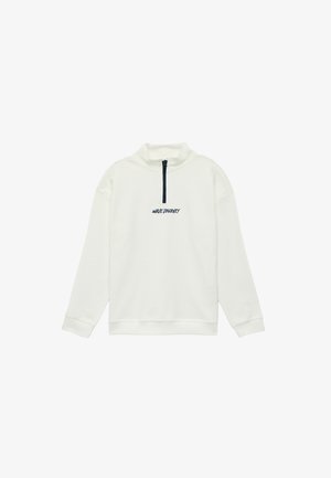 Witte pullover met lange mouwen, voorzien van een kwartritssluiting en de tekst "WAVE JOURNEY" in het zwart geborduurd op de borst.