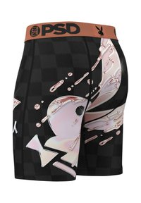 Črne bokserice s karirastim vzorcem, ki vsebujejo rožnato in belo grafiko zajca ter pršilce. Elastičen pas z logotipom.