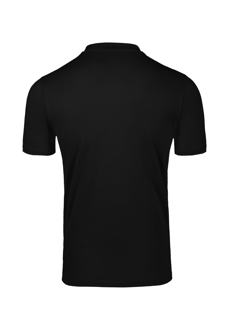 Plain black short-sleeve T-shirt shown from the back with a crew neck and a regular fit on a white background.