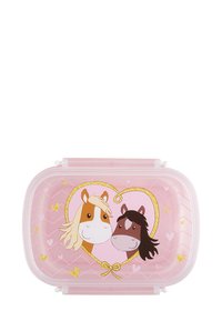 Plastikaufbewahrungskoffer in Pink mit Cartoon-Pferdemotiven. Glatte Oberfläche, abgerundete Kanten und ein sicherer Verschluss. Herzen und Glitzerelemente.