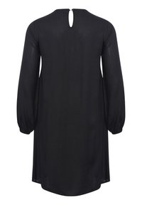 Vestido túnica negro con mangas largas abullonadas, escote redondo y detalle en forma de ojal en la parte posterior. Tela suave y ligera.