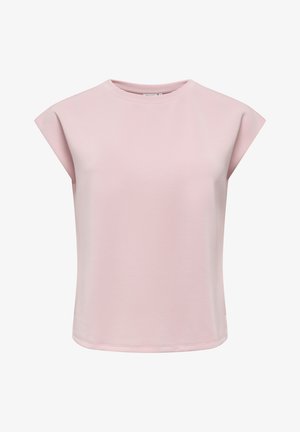 Haut sans manches rose clair à col rond, coupe ample et coutures d’épaules légèrement prolongées.