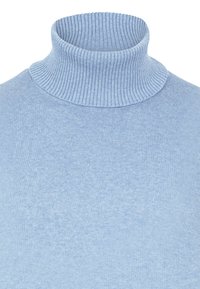 Hele sinine turtleneck kampsun, millel on soonikkoes, tihe kael ja sile keha kangas. Pole nähtavaid mustreid ega kaunistusi.