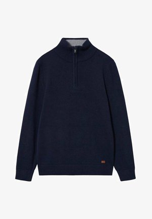 Pull en tricot bleu marine à manches longues avec un col montant côtelé et une fermeture éclair quart de fermeture, doté de poignets et d'un ourlet côtelés.