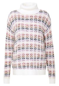 Mehrfarbiger Strickpullover mit Rollkragen; zeichnet sich durch ein Muster aus V-Formen in Pink, Lila, Braun und Schwarz vor einem weißen Hintergrund aus.
