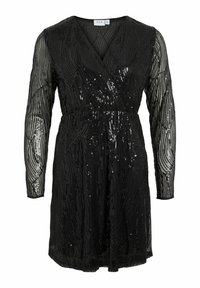 Black dress with long sheer sleeves, featuring a wrap design, embellished with sequins in a textured, wave pattern. Smooth waistline.