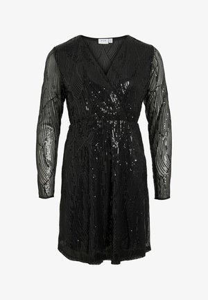 Sort kjole med lange gennemsigtige ærmer, med et indpakningsdesign, prydet med perler i et tekstureret bølgemønster. Glat talje.