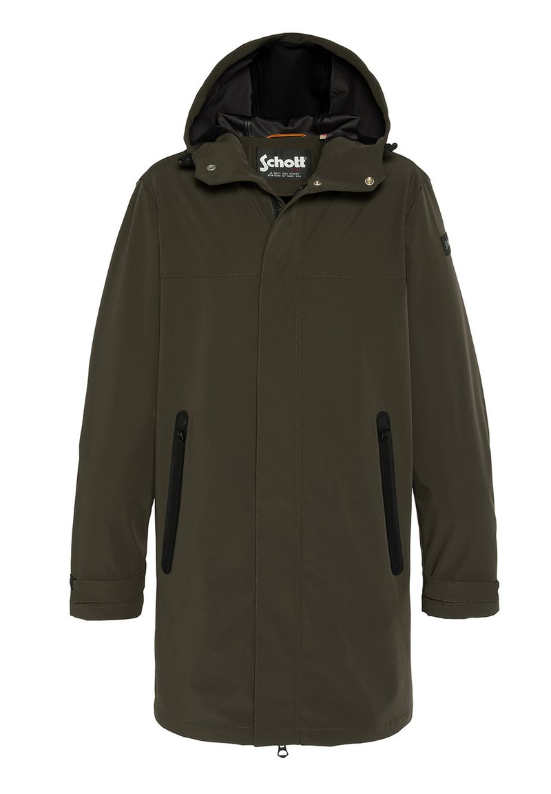 Parka impermeable verde oliva con capucha, cierre frontal de cremallera, cremalleras negras en los bolsillos laterales y un suave forro interior.