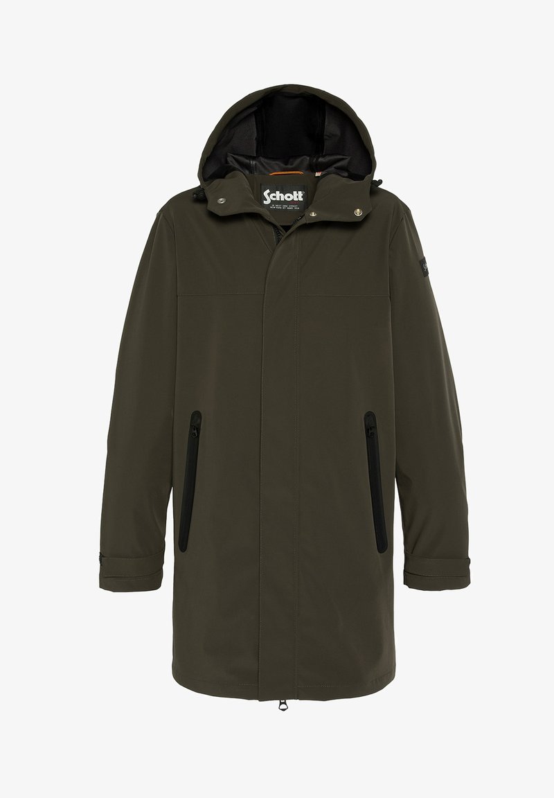 Zielona oliwkowa wodoodporna parka z kapturem, przednim zapięciem na zamek, czarnymi zamkami w bocznych kieszeniach oraz miękkim wnętrzem.