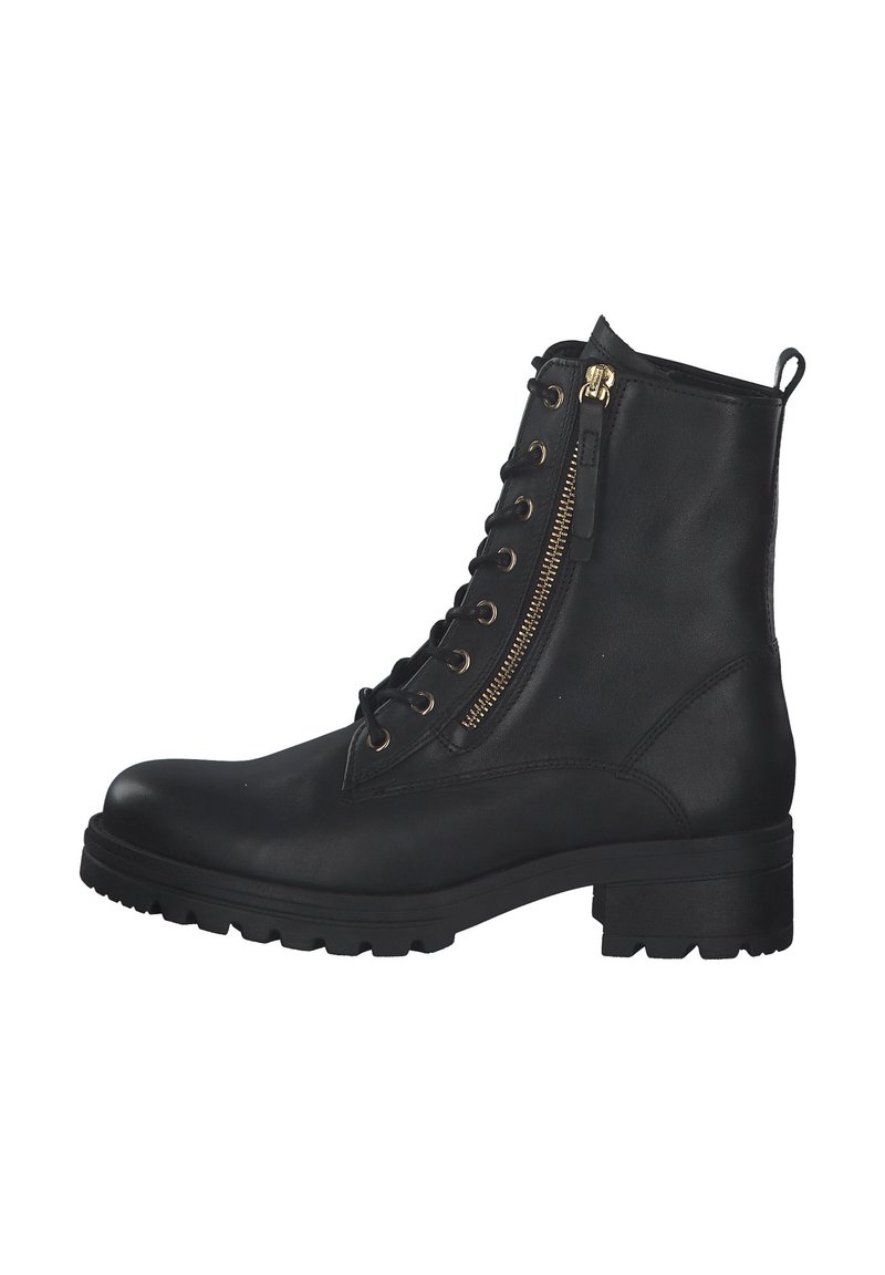 Botine negre din piele, cu vârful rotund, dispune de șnururi în față și fermoar pe lateral. Sole cu nervuri pentru aderență. Accente din metal auriu.