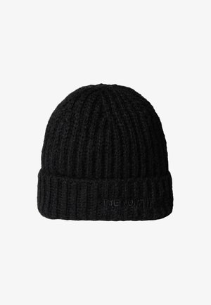 Černá pletená čepice s ribkovanou strukturou a ohrnutým lemem. Na lemu je decentní logo vyražené do materiálu. Vyrobena z teplého a měkkého materiálu.