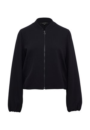 Giacca bomber nera cropped con collo rotondo, maniche lunghe a palloncino, chiusura frontale con zip e tasche laterali. Tessuto liscio e strutturato.