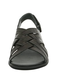 Schwarze Ledersandale mit einem Riemendesign und offenen Zehen. Verfügt über einen Slingback-Stil mit einer Schnalle und einer flachen Sohle.