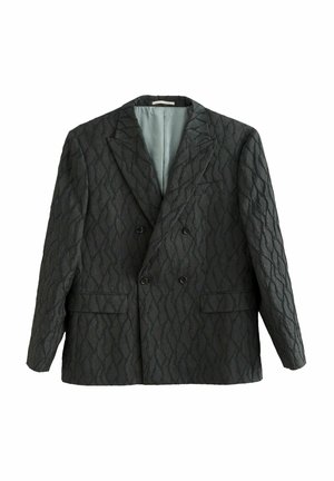 Double-breasted dark gray blazer with a textured wave pattern, notched lapels, and two front pockets. Lined in light blue fabric.