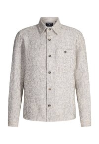 Overhemd met lange mouwen, knoopsluiting, in een getextureerd beige en lichtgrijs patroon met een enkele borstzak en kraag.